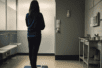 A woman from behind standing on a scale in a doctor's office.