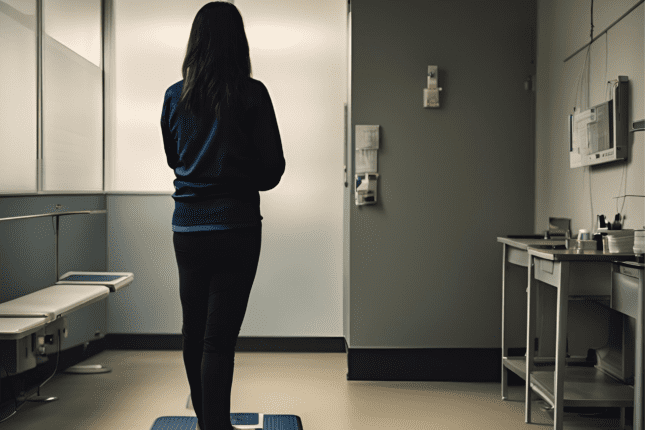 A woman from behind standing on a scale in a doctor's office.