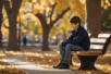 A boy sitting on a park bench.