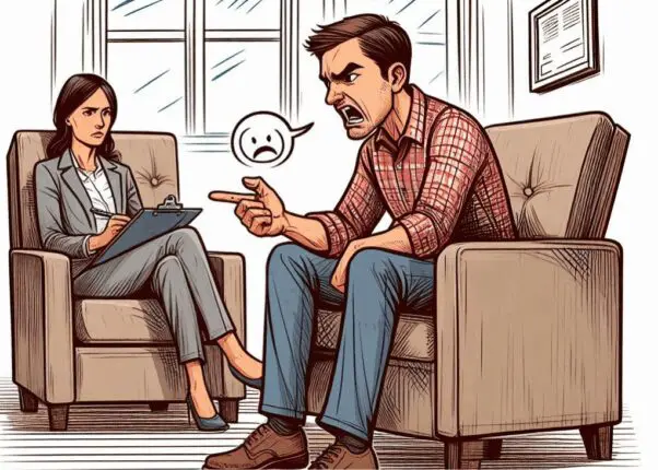 Illustration of an angry male client speaking harshly while his female therapist listens