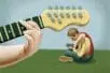 An illustration of a hand on a guitar and a child playing guitar
