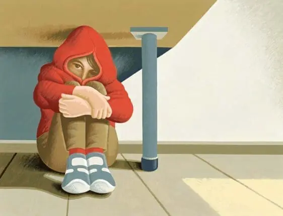 An illustration of a young boy hiding under a table