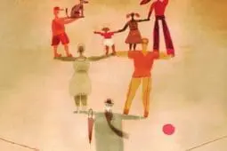 An illustration of a man on a tightrope and people balancing on his arms
