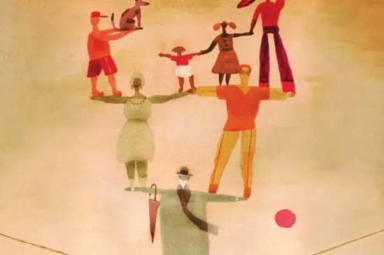 An illustration of a man on a tightrope and people balancing on his arms