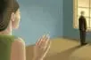 An illustration of a woman reaching for her father as he stands looking out a window
