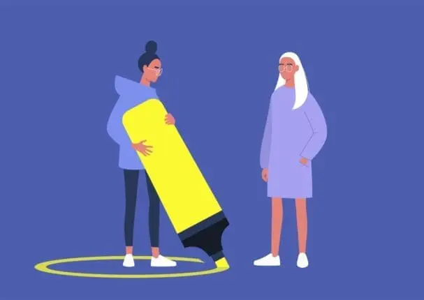 An illustration of a woman drawing a circle around herself with a highlighter
