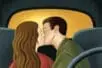 An illustration of a man and woman kissing in a car