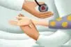 An illustration of a doctor holding a stethoscope to a patient