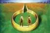 An illustration of two people walking on a gold ring in opposite directions
