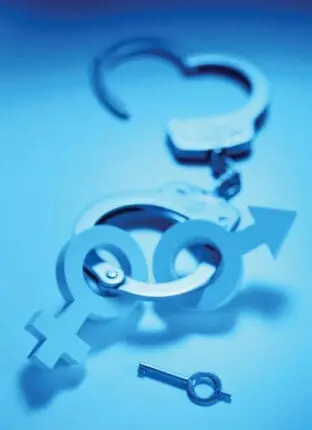 Male and female symbols attached by handcuffs