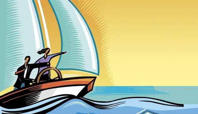 An illustration of two people on a boat