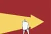 An illustration of a person standing on a brain looking at an arrow in the background