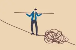 An illustration of a man walking a tangled tightrope