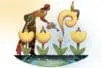Illustration of a woman bending to water tulips, one of which has grown into a swirl with a man sitting on top of it