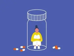 Illustration of a woman trapped by the outline of a prescription pill bottle