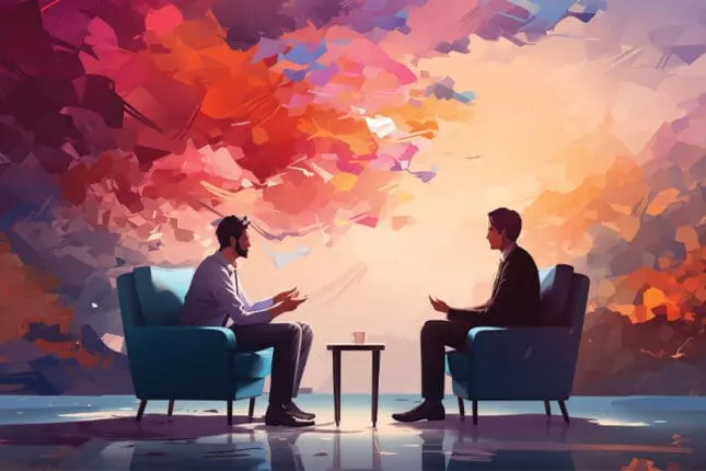 Two men sitting in chairs facing each other in conversation | ILLUSTRATION © ALL YOU NEED