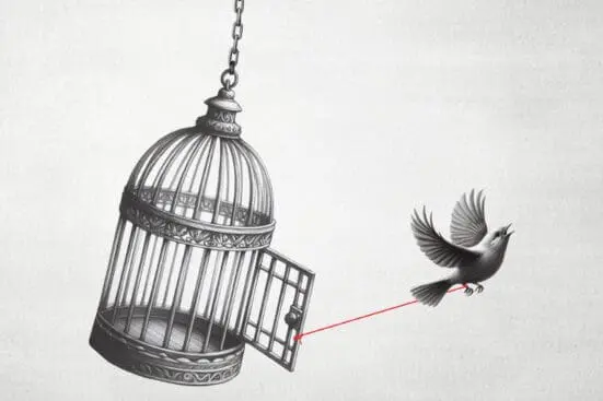 A bird flies out of an empty birdcage with a red piece of yard holding its leg to the open door