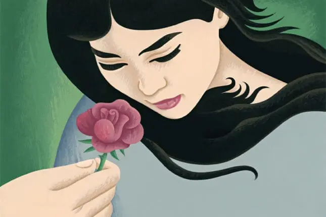 A woman gazes down as an outstretched hand holds a rose