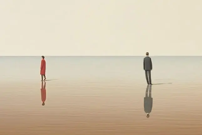 A woman and man at a distance facing opposite directions.