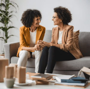 Two women sit on a couch talking to each other and smiling