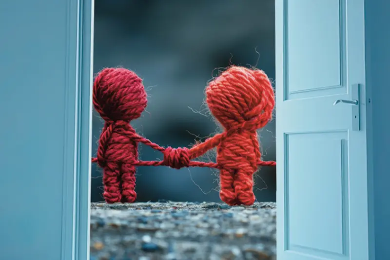 Behind a door, two figures made of yarn face each other with a tangle of yarn between them