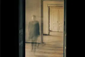 A blurry figure is visible through a doorway in an empty hallway