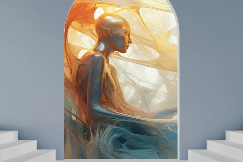 Behind an archway a figure faces forward with eyes closed, surrounded by whisps of thought