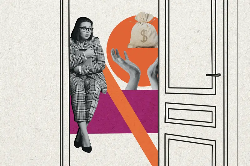 On the other side of an open door, a scared woman in a suit looks at outstretched hands reaching for a bag of money