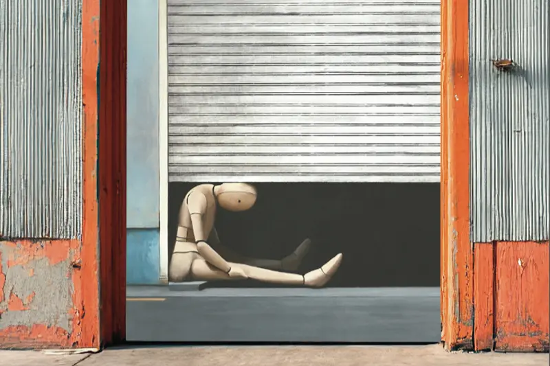 A wooden figure sits, slowly being pushed down by the weight of a closing metal door