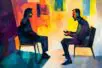 Drawing of two figures sitting in chairs and talking with bright, pastel blocks behind them