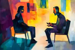 Drawing of two figures sitting in chairs and talking with bright, pastel blocks behind them