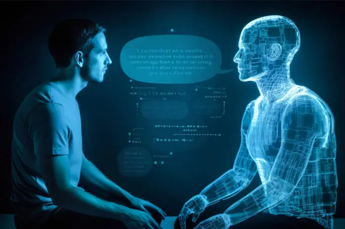An illustration in hues of blue of a man sitting and talking to a figure representing technology and speaking to him in code
