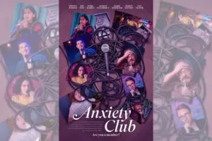 Promotional image for The Anxiety Club featuring comedians and microphones