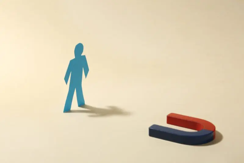 A cutout of a figure stands near a horseshoe-shaped magnet pointed at it