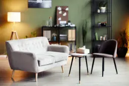 An empty therapist office with an off white couch and brown chair facing each other