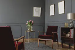 An empty therapist office with two red velvet covered chairs
