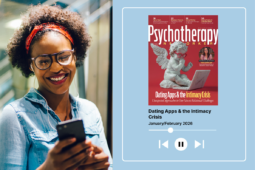 A woman wearing headphones smiles next to an image of the magazine cover with a play button beneath