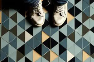 A pair of sneakers on a colorful, geometrically tiled floor