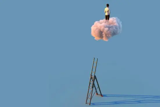 A figure stands atop a pink cloud, having left a tall ladder behind