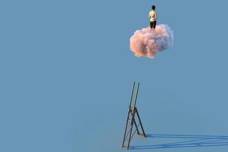 A figure stands atop a pink cloud, having left a tall ladder behind