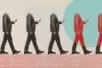 A row of suited figures walk in a line, each without a head and turned toward the phone in their hand
