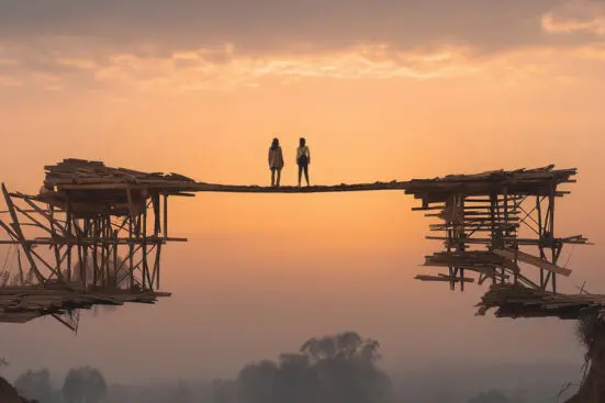 Two figures stand atop a newly constructed bridge facing the horizon