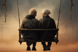 An elderly couple sit side by side on a swinging bench, turning to face each other