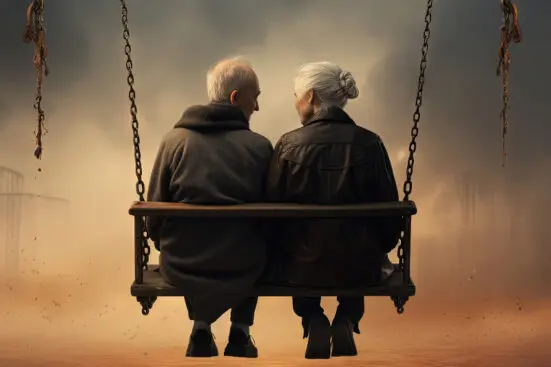 An elderly couple sit side by side on a swinging bench, turning to face each other