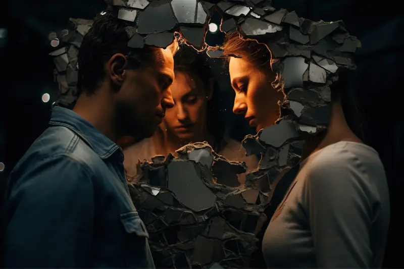 A man and woman face each other, faces framed by broken shards, while a third figure of a woman stands beyond them in the foreground