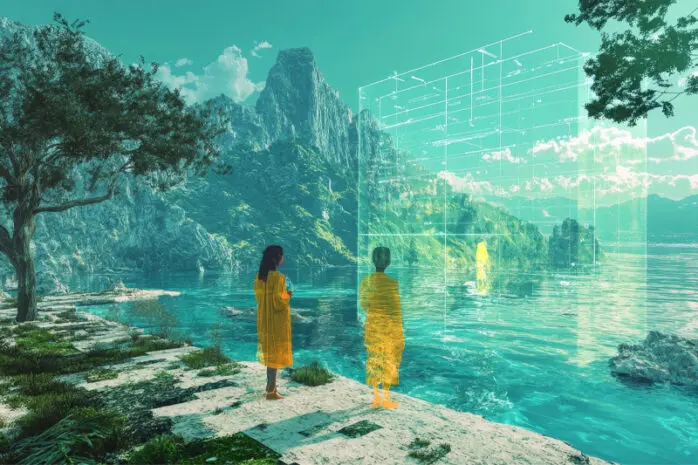 An image of a figure in yellow, and a copy of that figure, standing side by side and staring at a beach landscape