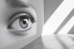 An image of an enormous eye painted across the surface of one wall in an empty room