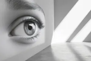 An image of an enormous eye painted across the surface of one wall in an empty room