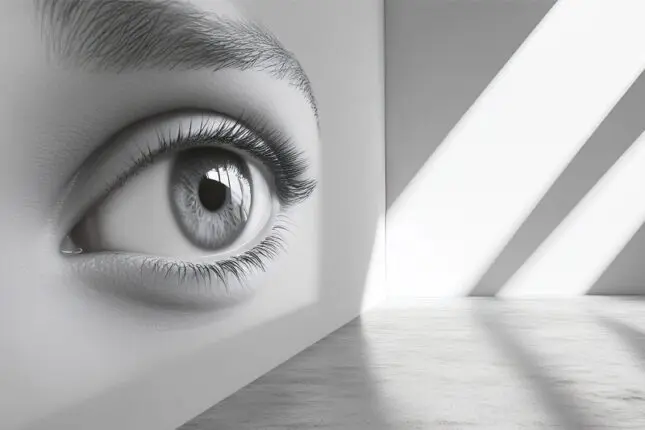 An image of an enormous eye painted across the surface of one wall in an empty room