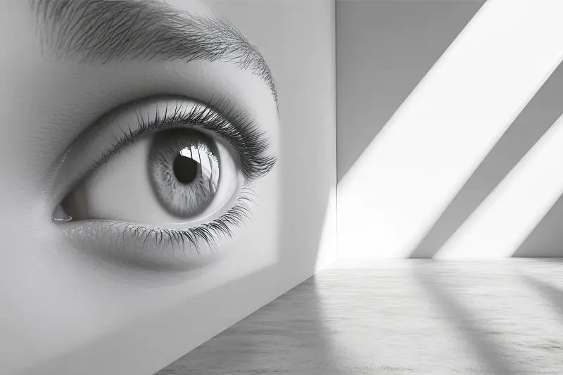 An image of an enormous eye painted across the surface of one wall in an empty room